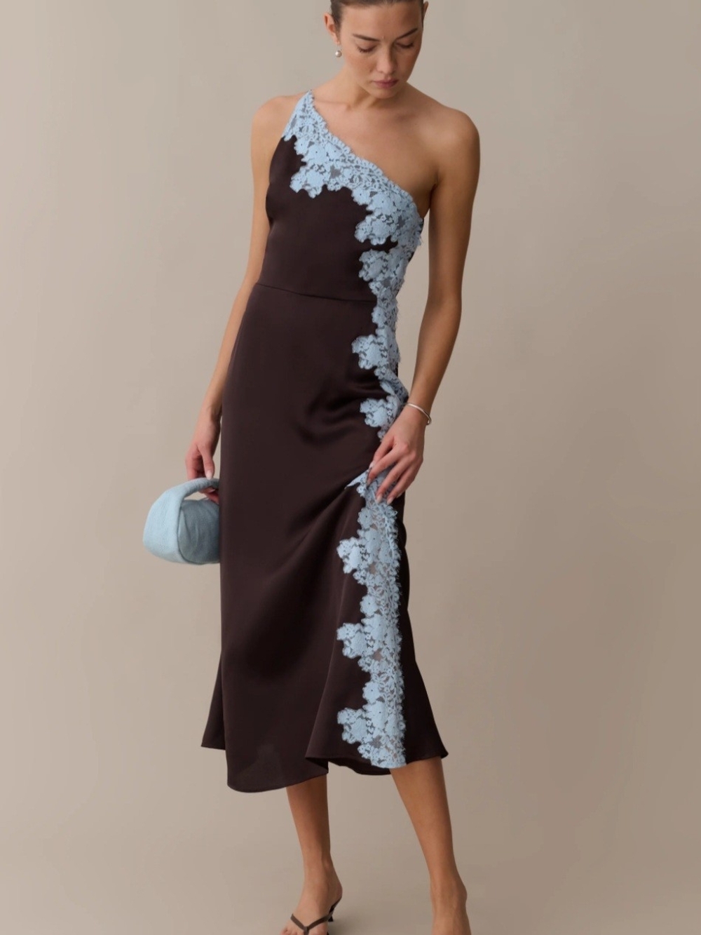 Few Moda O.P.T. One-Shoulder Chocolate Dress with Pale Blue Lace Appliqué